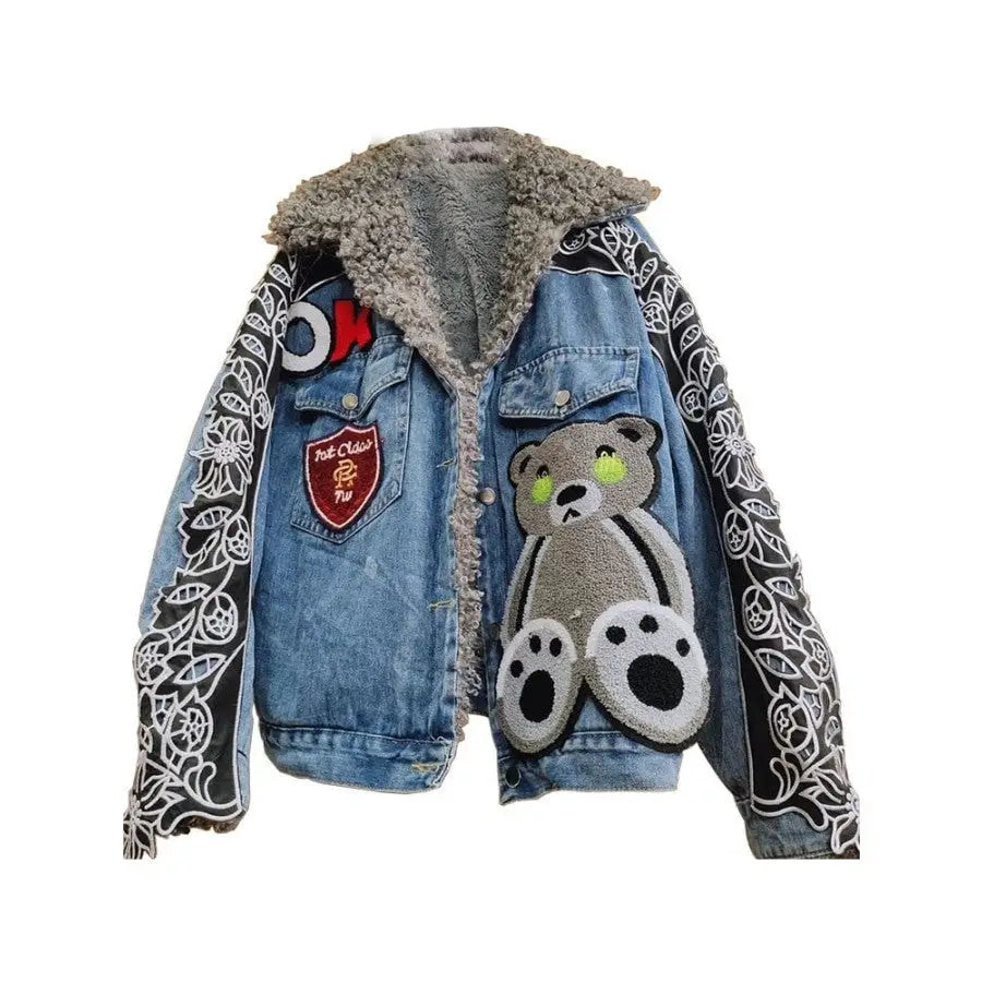 Bear and Flower Patches Denim Jacket