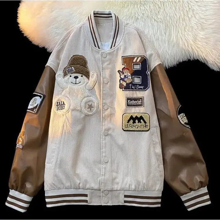 Bear Embroidered Baseball Jacket for Men