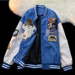 Bear Embroidered Baseball Jacket for Men