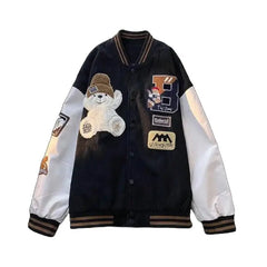 Bear Embroidered Baseball Jacket for Men