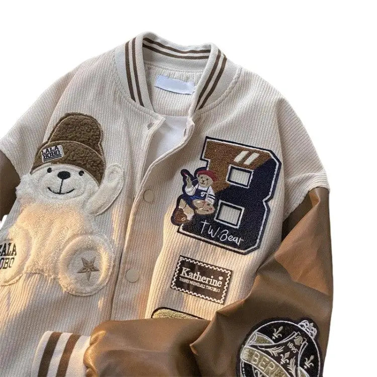 Bear Embroidered Baseball Jacket for Men Beige / M