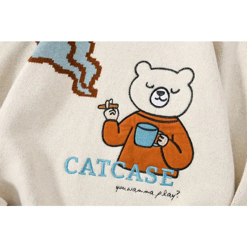 Bear Embroidered Knitted Oversize Sweater