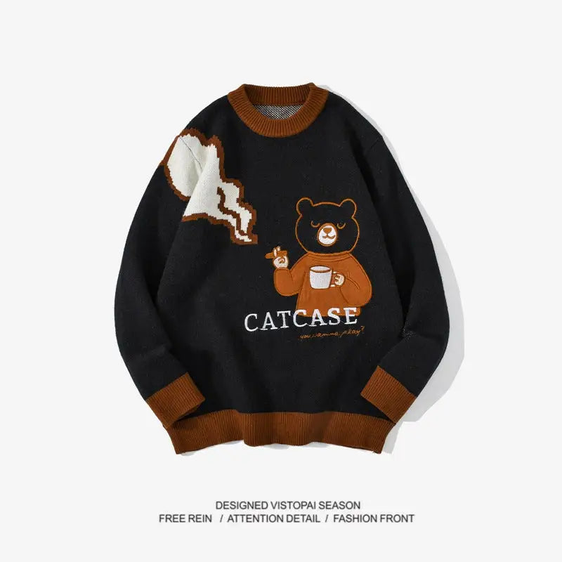 Bear Embroidered Knitted Oversize Sweater