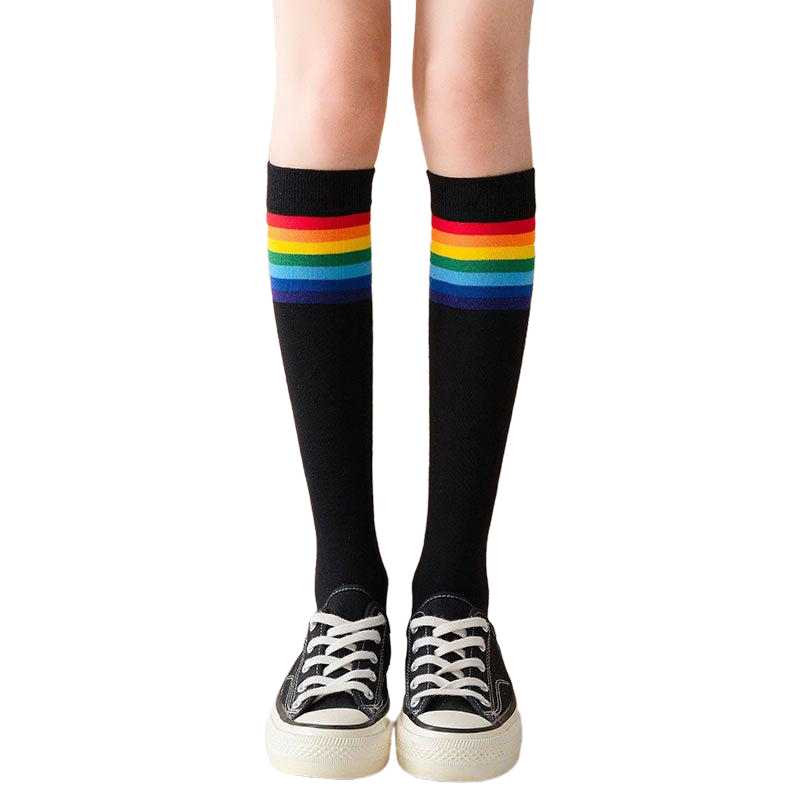 Rainbow Stripe knee Long Socks - Black / One Size