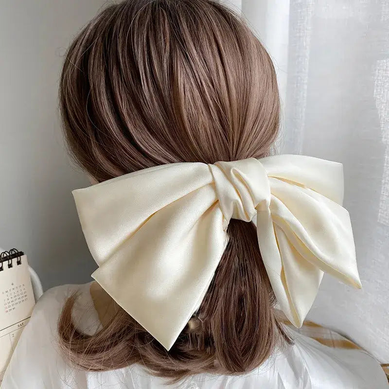 Big Bow Two-Layer Satin Hairpins - Beige
