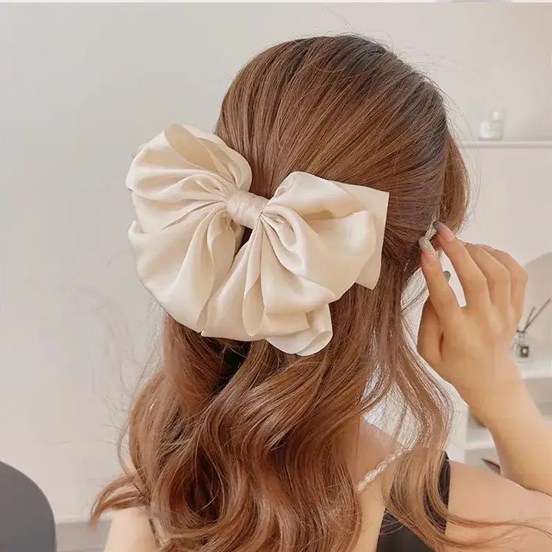 Big Bow Two-Layer Satin Hairpins - Short Beige