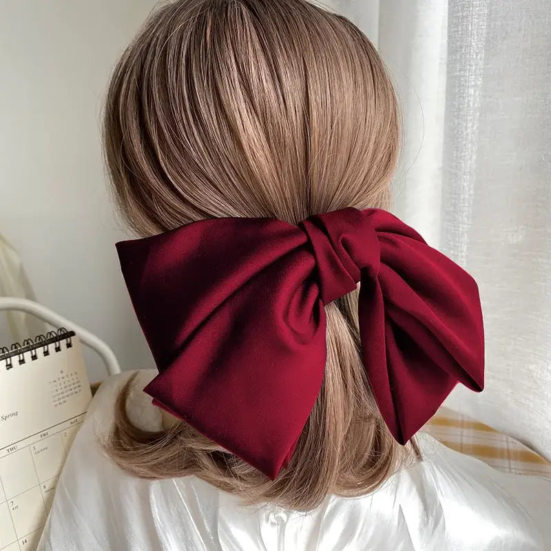 Big Bow Two-Layer Satin Hairpins - Wine Red
