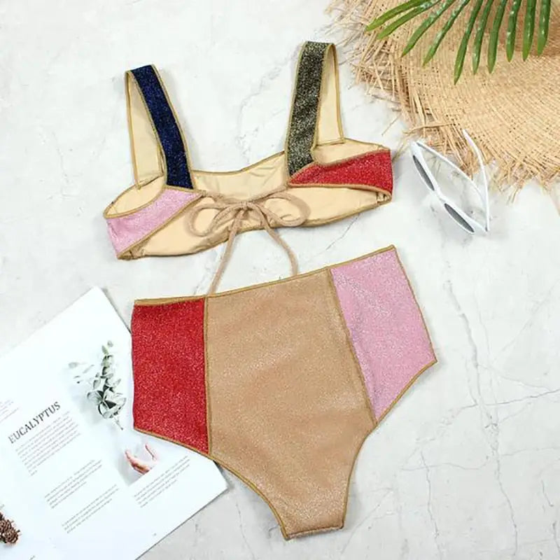 Bikini Contrast Color Patchwork High Waist Design