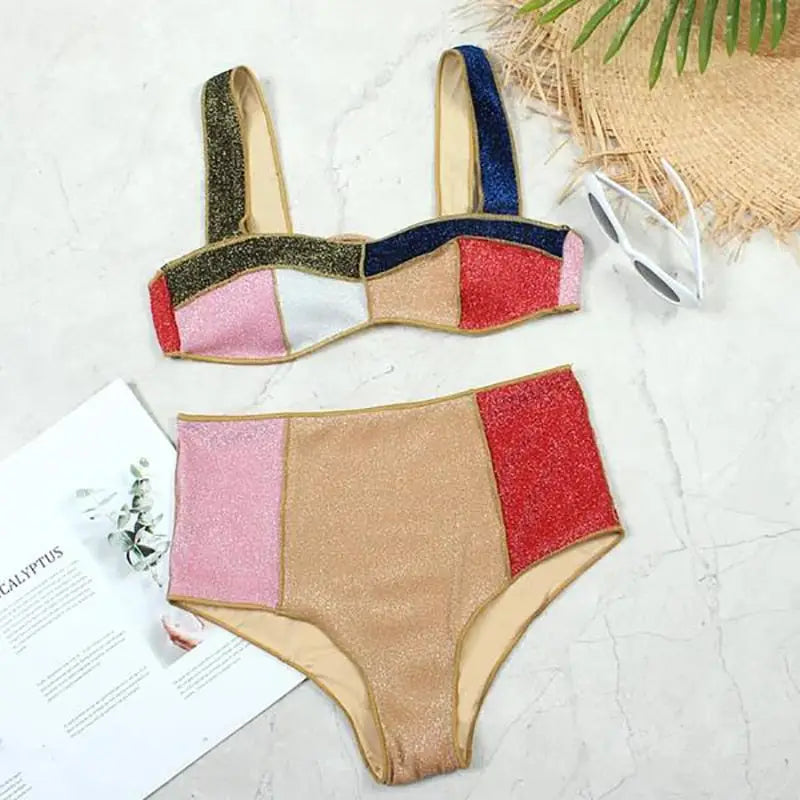 Bikini Contrast Color Patchwork High Waist Design