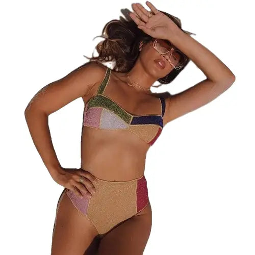 Bikini Contrast Color Patchwork High Waist Design