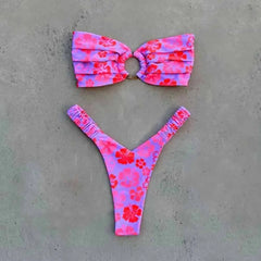Bikini Set Push Up Top and Thong for Beach Style Rose Red