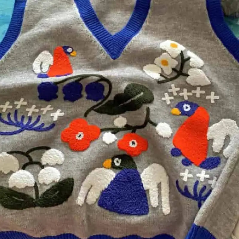 Birds Flowers Embroidered Knitted V-neck Vest