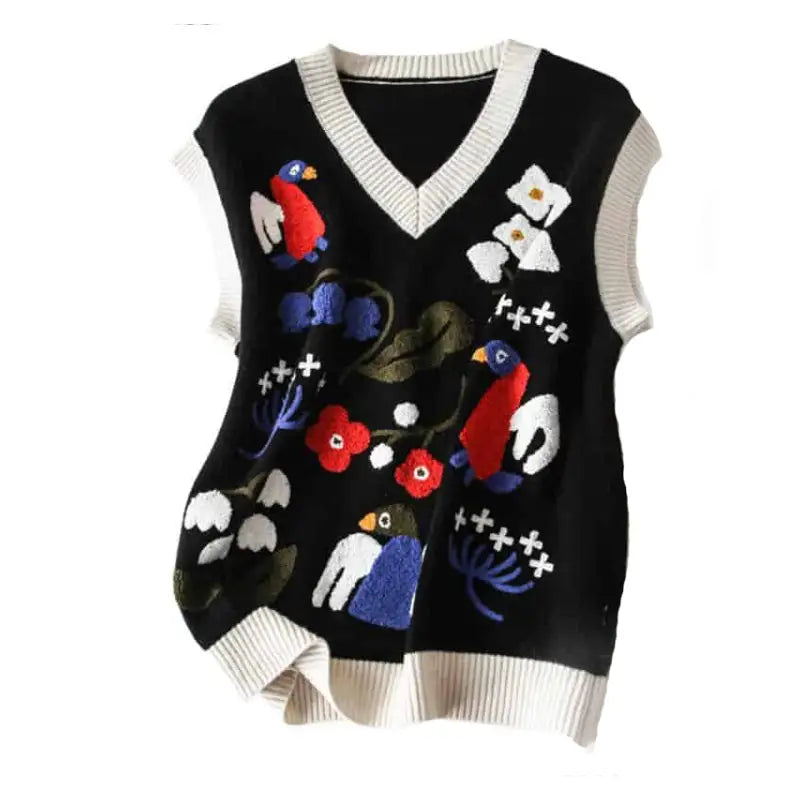 Birds Flowers Embroidered Knitted V-neck Vest - Black