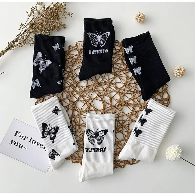 Black And White Butterfly Cotton Socks