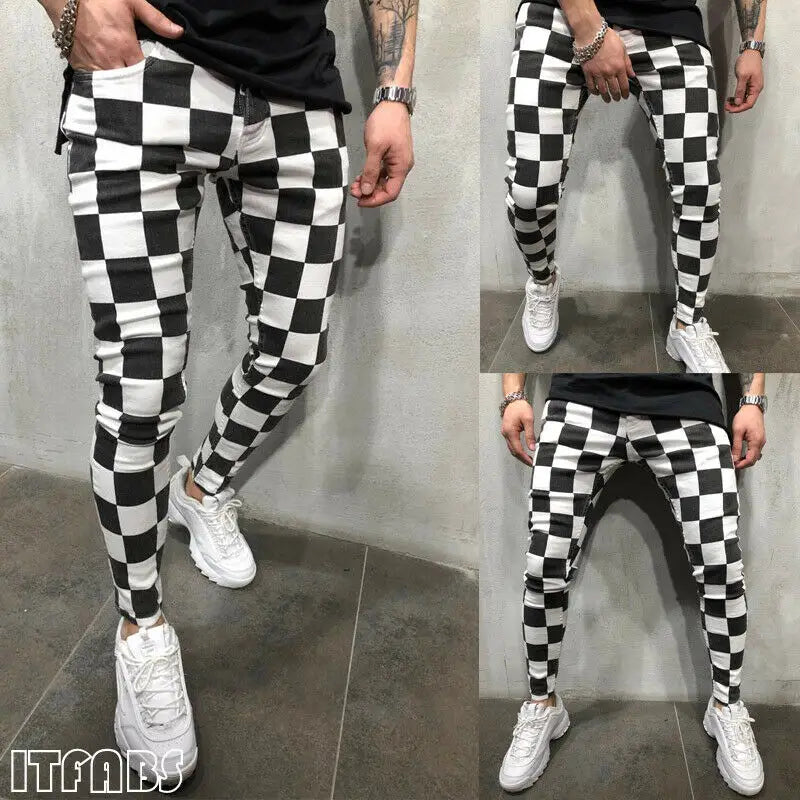 Black and White Chess Pattern Slim Pants