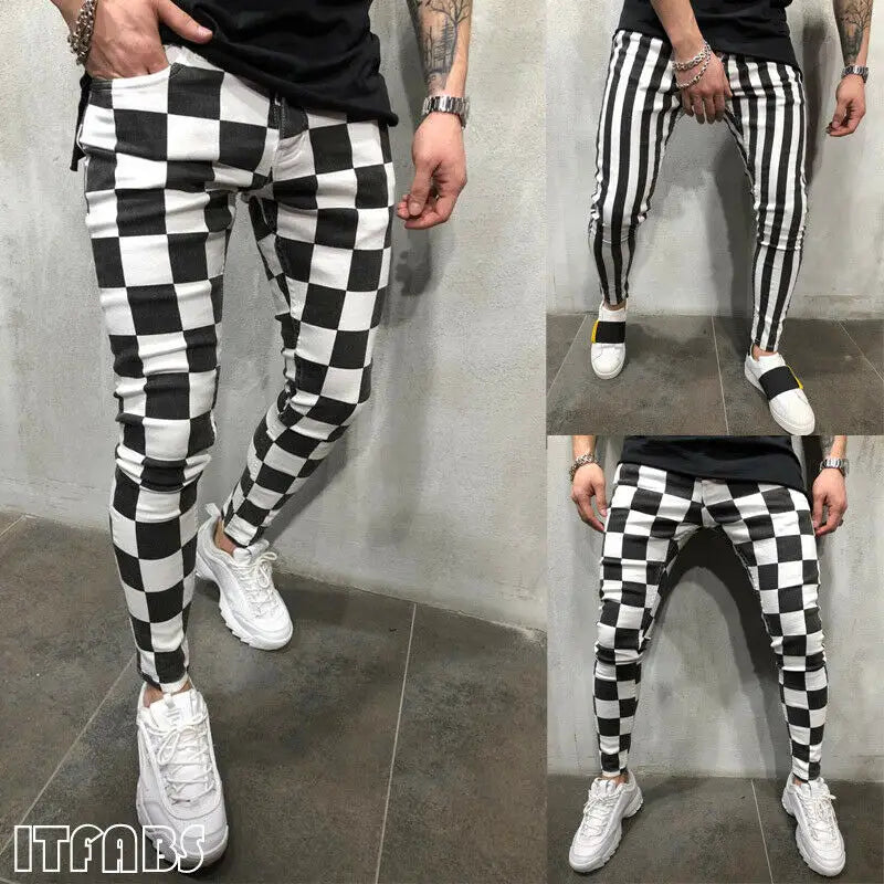 Black and White Chess Pattern Slim Pants