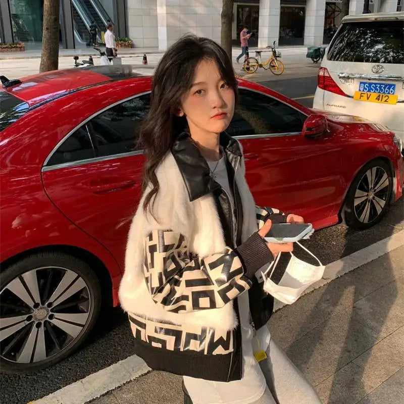 Black and White Furry PU Vegan Jacket for Women