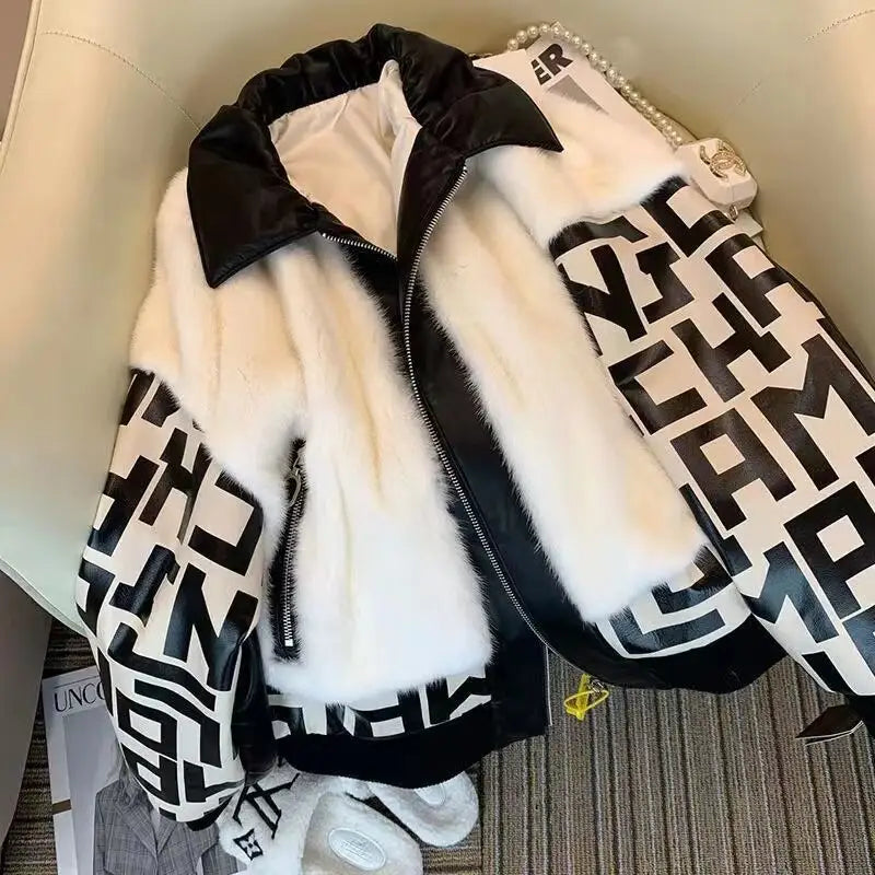 Black and White Furry PU Vegan Jacket for Women