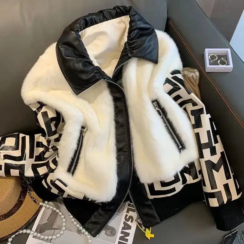 Black and White Furry Pu Vegan Jacket - M