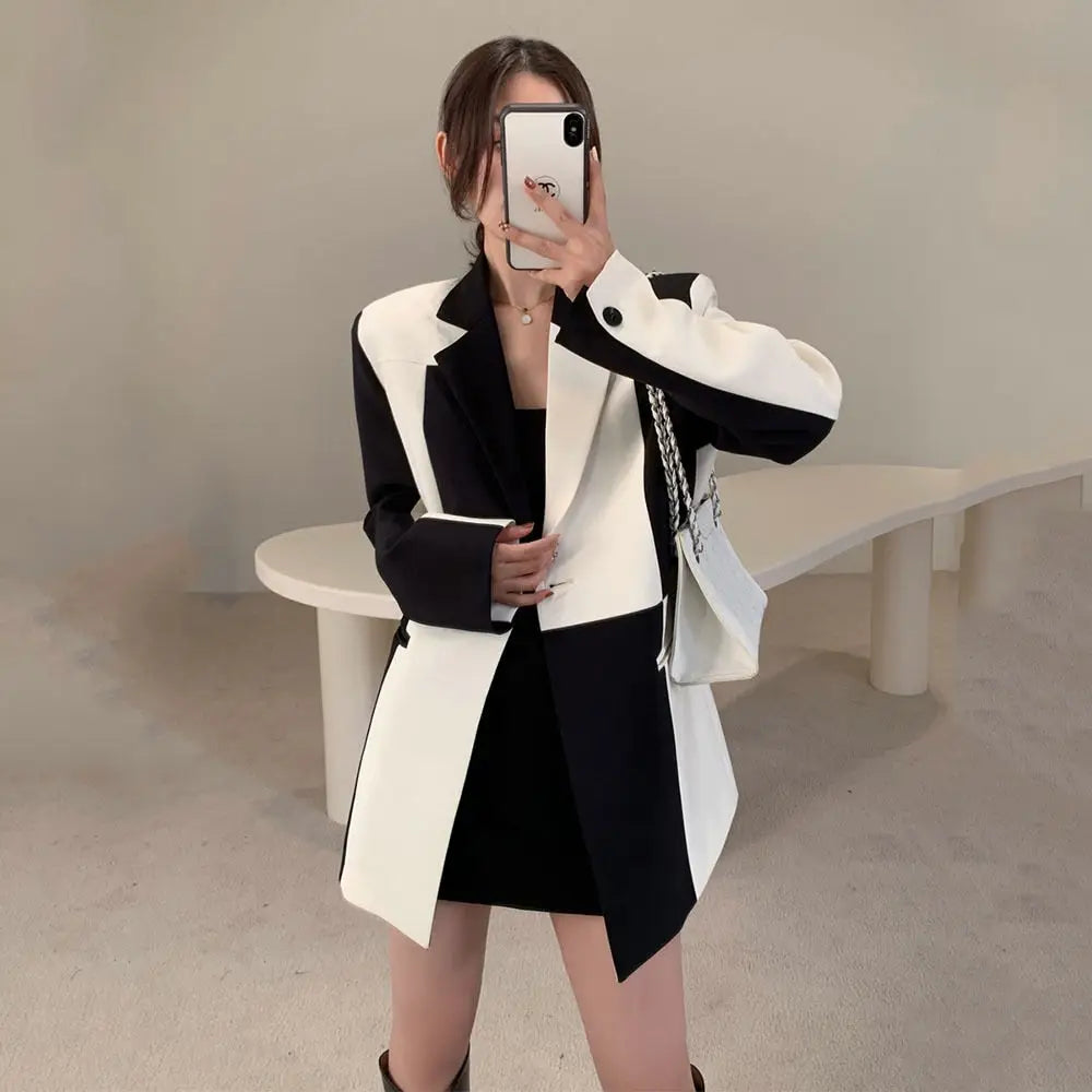 Black And White Long Sleeve Asymmetrical Blazer