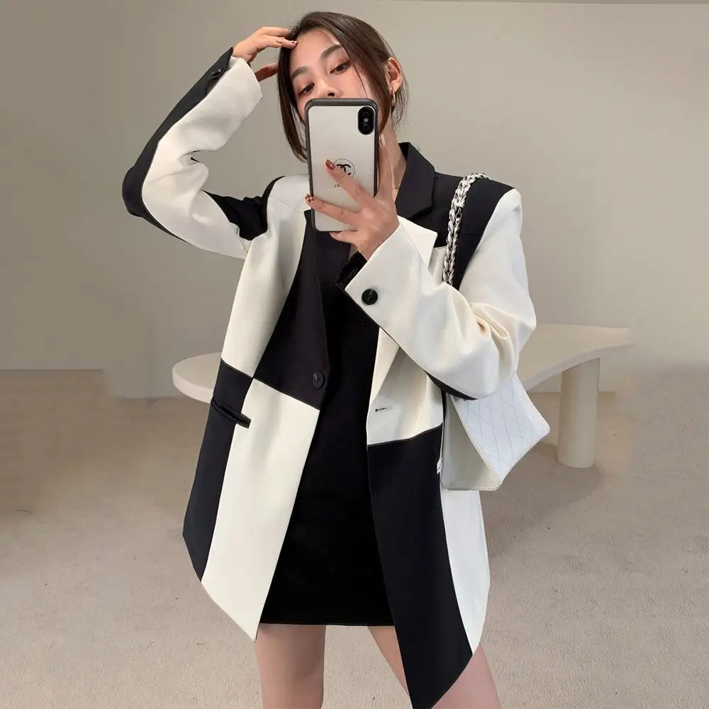 Black And White Long Sleeve Asymmetrical Blazer