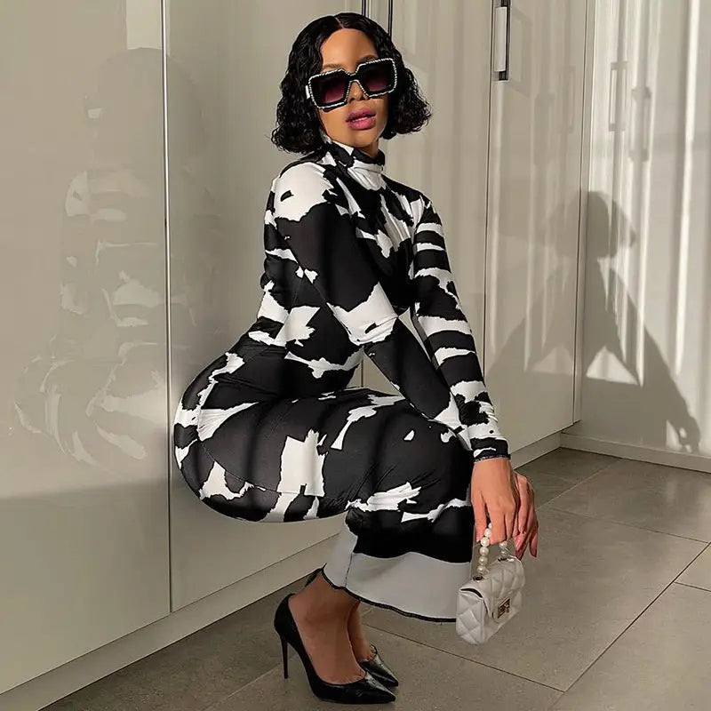 Black and White Long Sleeve Dress Polyester Round Neck