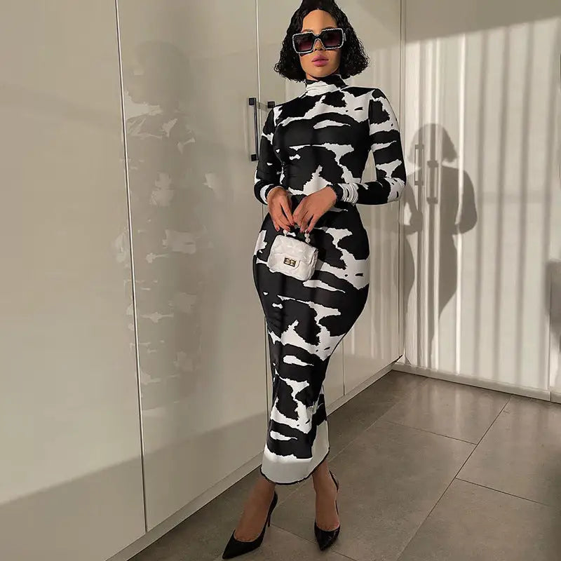 Black and White Long Sleeve Dress Polyester Round Neck