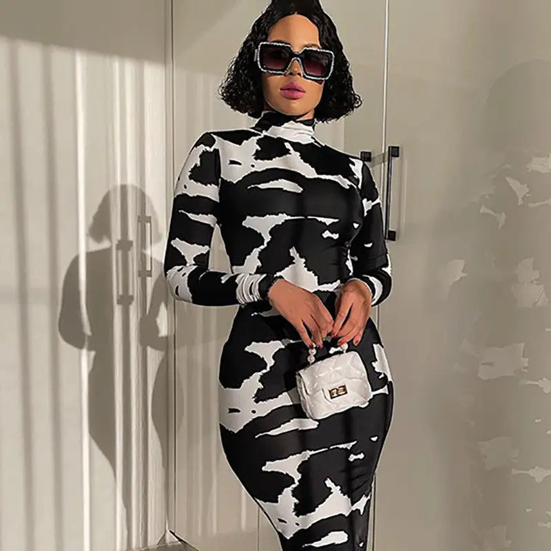 Black and White Long Sleeve Dress Polyester Round Neck