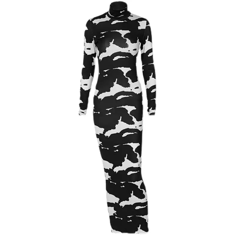 Black and White Long Sleeve Dress Polyester Round Neck / S