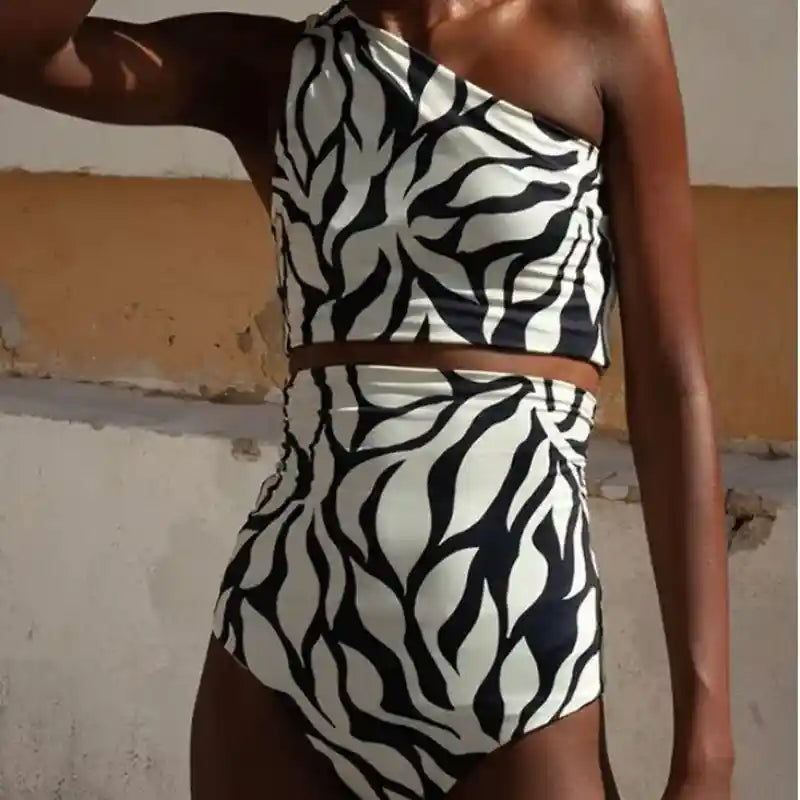 Black And White Printed High Waist Off Shoulder Bikini