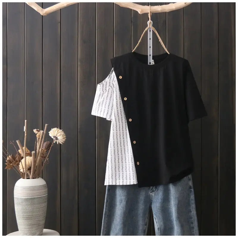 Black and White Short Sleeve Loose Blouse