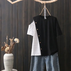 Black and White Short Sleeve Loose Blouse