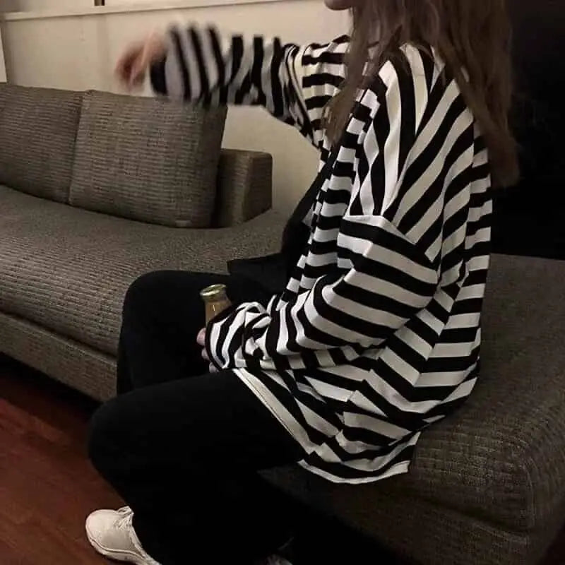Black And White Striped Long Sleeve O-Neck Sweater