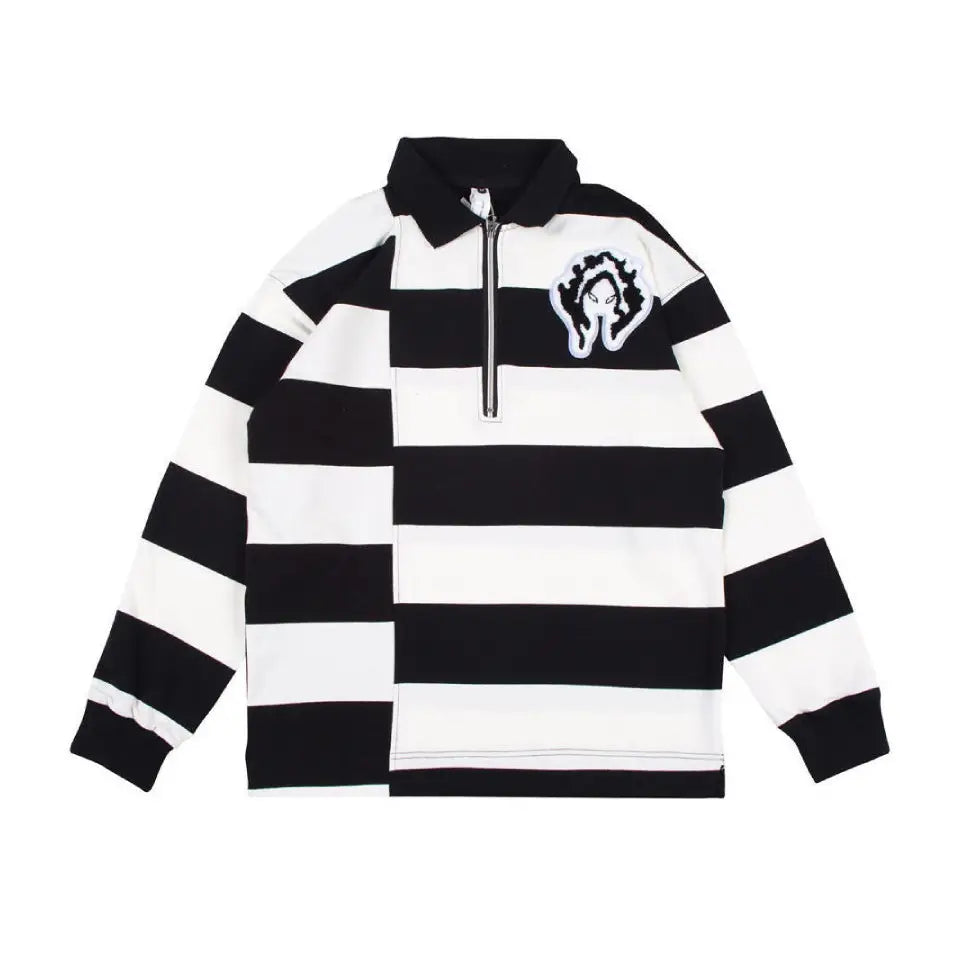 Black and White Striped Polo Shirt for Men