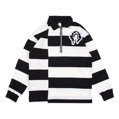Black and White Striped Polo Shirt for Men Long Sleeve / S