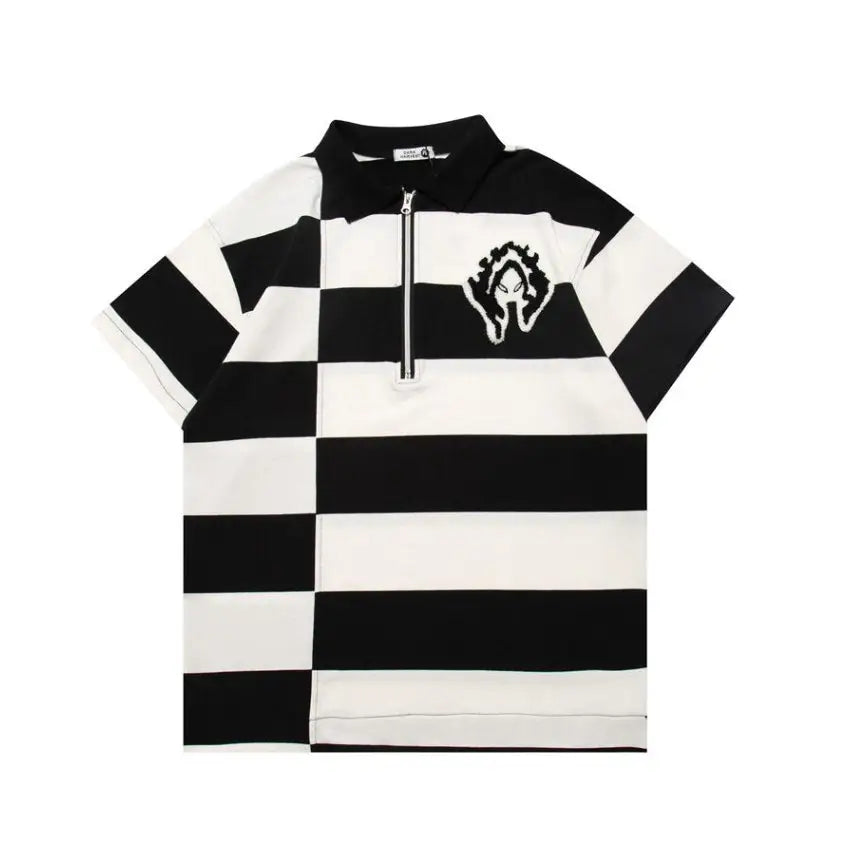 Black and White Striped Polo Shirt for Men Short Sleeve / S