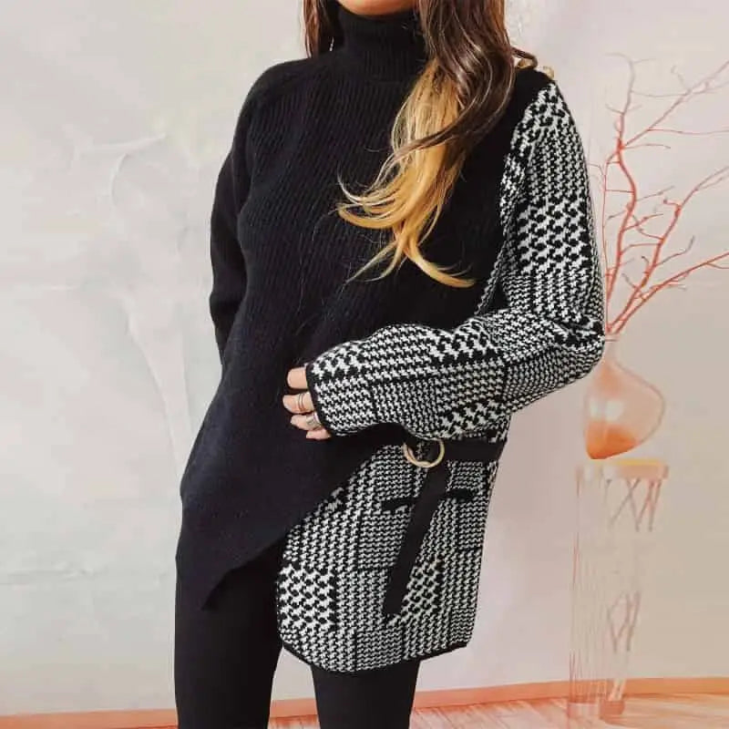 Black and White Two-Piece Plaid Long-Sleeved Knitted