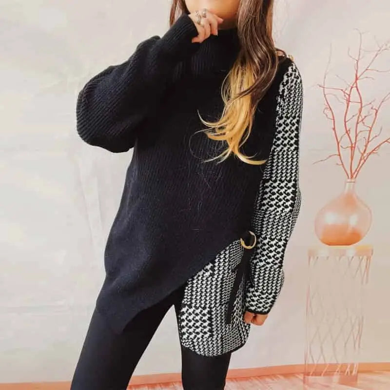 Black and White Two-Piece Plaid Long-Sleeved Knitted