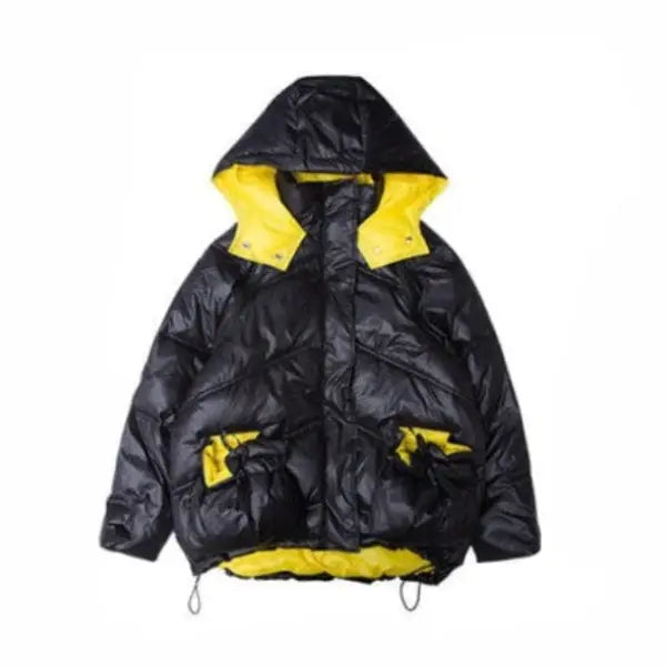 Black and Yellow Padded Loose Detachable Sleeves Hooded Coat