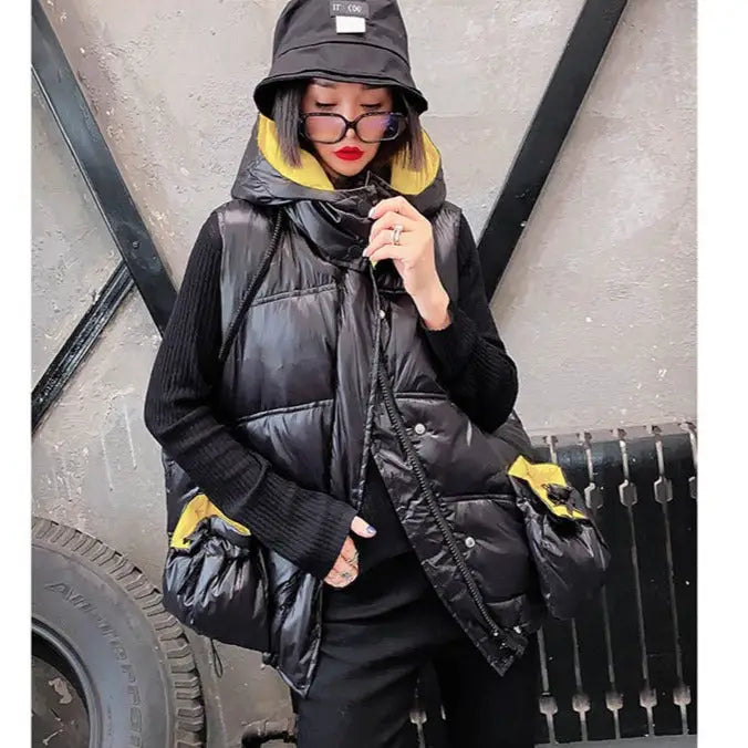 Black and Yellow Padded Loose Detachable Sleeves Hooded Coat