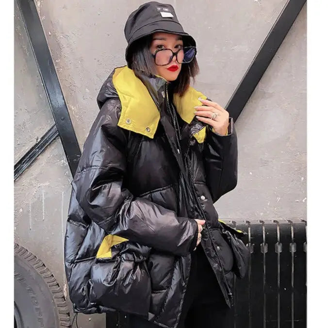 Black and Yellow Padded Loose Detachable Sleeves Hooded Coat