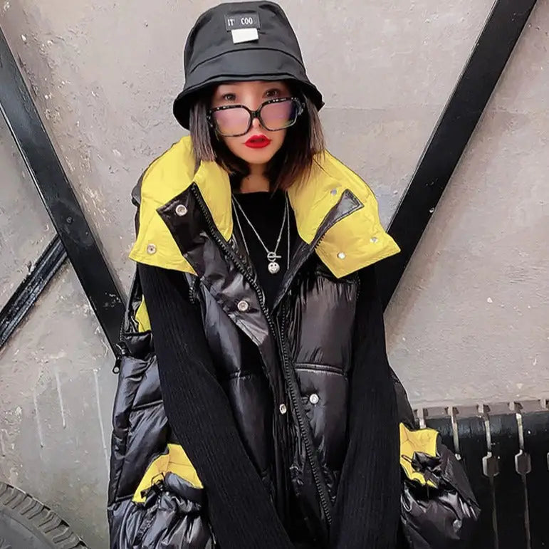 Black and Yellow Padded Loose Detachable Sleeves Hooded Coat