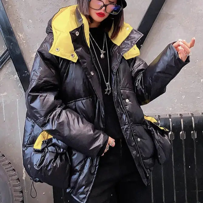 Black and Yellow Padded Loose Detachable Sleeves Hooded Coat