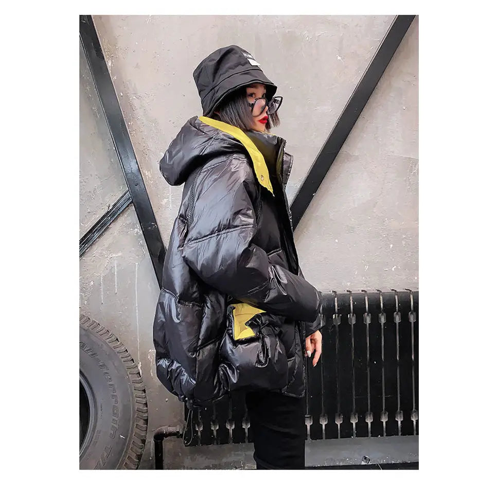 Black and Yellow Padded Loose Detachable Sleeves Hooded Coat