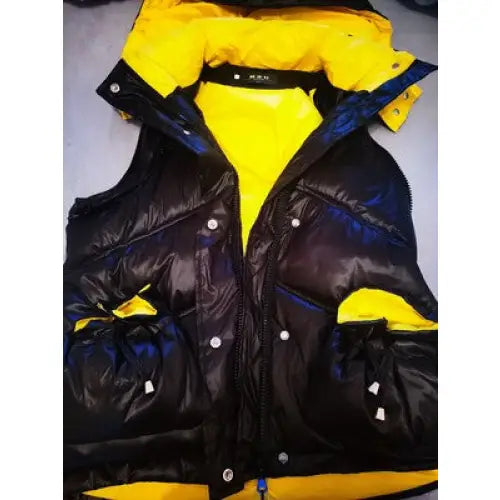 Black and Yellow Padded Loose Detachable Sleeves Hooded Coat