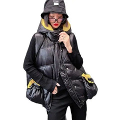 Black and Yellow Padded Loose Detachable Sleeves Hooded Coat