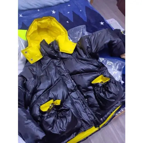 Black and Yellow Padded Loose Detachable Sleeves Hooded Coat