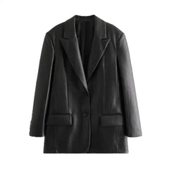 Black Basic PU Vegan Long Sleeve Blazer