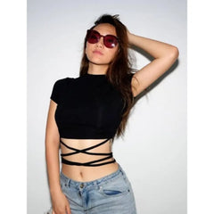 Black Belly Lace-up Crop Top