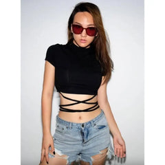 Black Belly Lace-up Crop Top